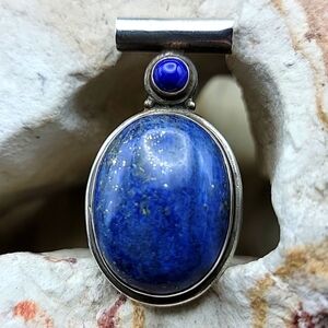 .925 Sterling Silver Lapis Lazuli Gold Fleck Saphire 2" Gemstone Pendant EUC